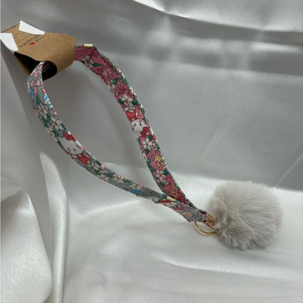 Handmade Kitty and Floral Wristlet Keychain with Gray Pompom